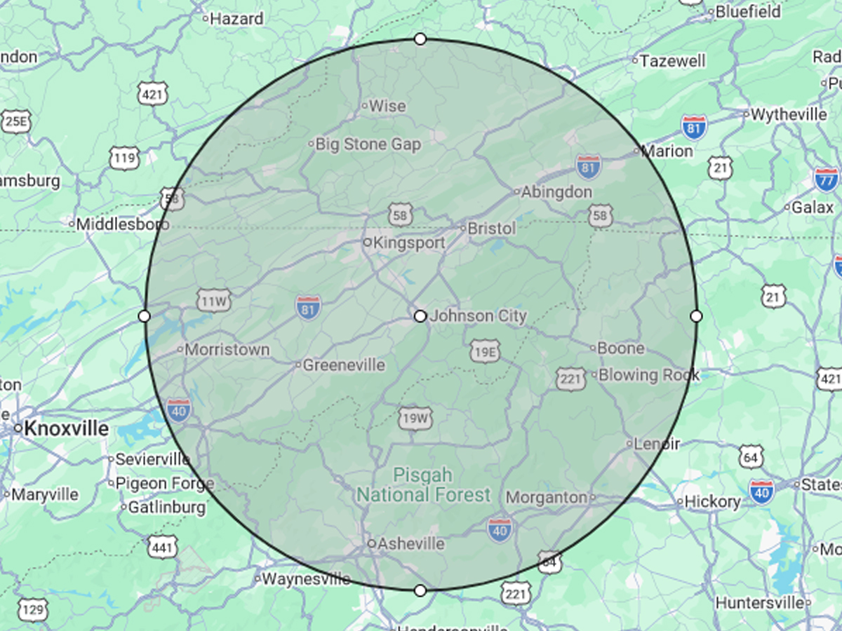 Service area map showing home inspector coverage around Sevierville, Tennessee